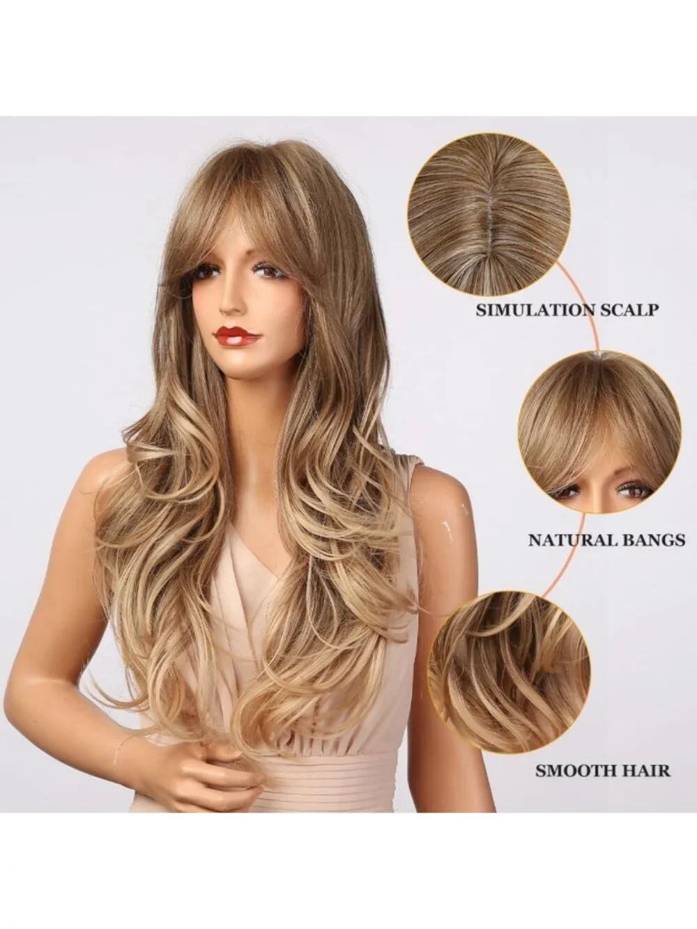 24IN Long Wavy Ash Blonde Wig with Bangs - Synthetic Hair for Women